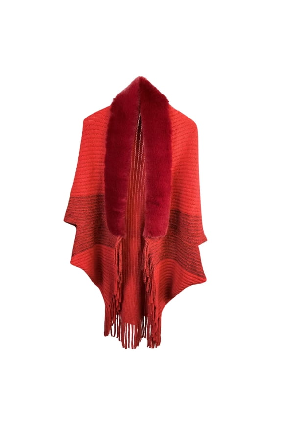 Shawl Wraps for Women Open Front Knitted Poncho Cape Scarf Plush Collar Tassel Fringed Loose Sweaters Casual Splicing Sweaters for Fall Winter Red