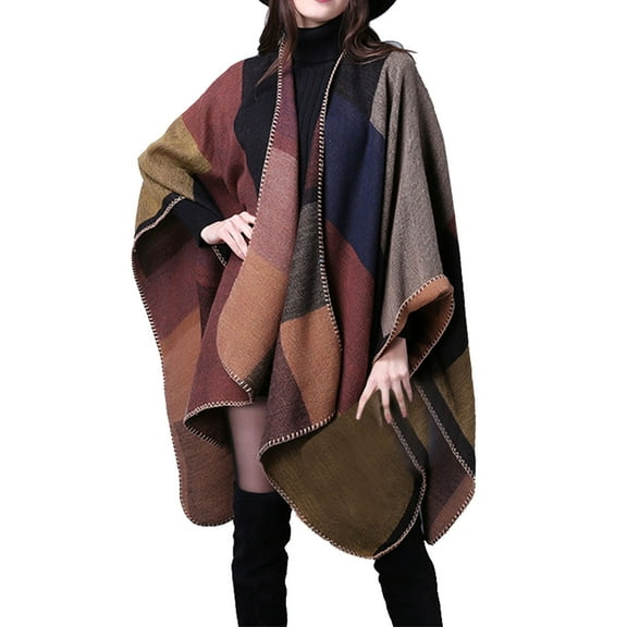 BWASD Shawl Wraps for Women Open Front Knitted Poncho Blanket Cardigan Warm Loose Oversized Scarf Casual Irregular Hem Splicing Sweater Brown