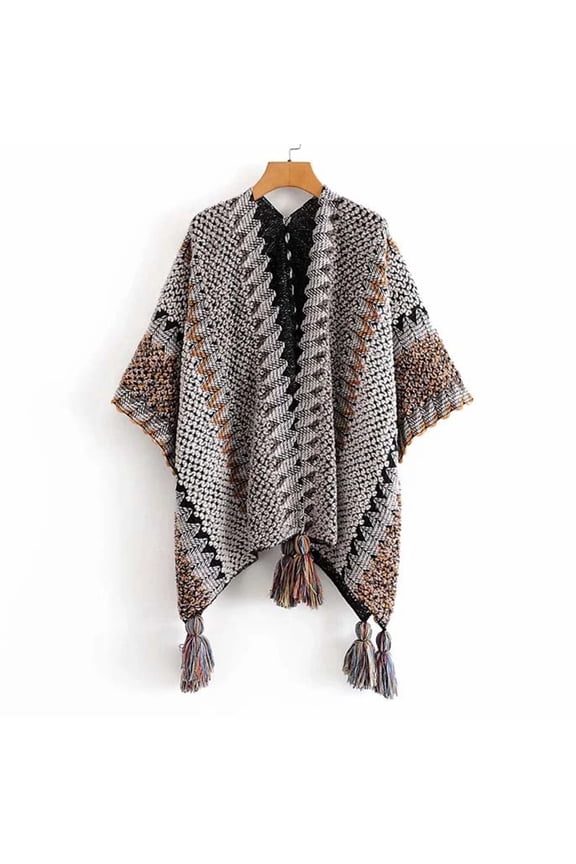 Shawl Wraps for Women Open Front Knitted Poncho Cape Scarf Fashion Tassel Fringed Loose Sweaters Casual Splicing Sweaters for Fall Winter Gray