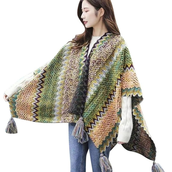BWASD Shawl Wraps for Women Open Front Knitted Poncho Cape Scarf Fashion Tassel Fringed Loose Sweaters Casual Splicing Sweaters for Fall Winter Green
