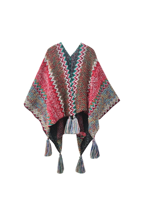 Shawl Wraps for Women Open Front Knitted Poncho Cape Scarf Fashion Tassel Fringed Loose Sweaters Casual Splicing Sweaters for Fall Winter Red