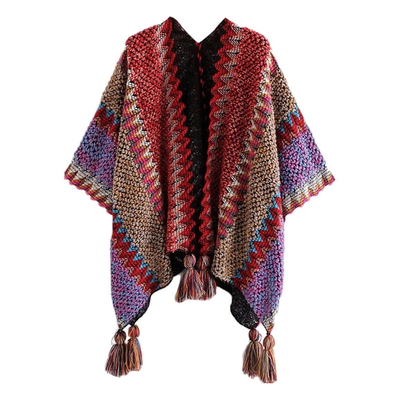 BWASD Shawl Wraps for Women Open Front Knitted Poncho Cape Scarf Fashion Tassel Fringed Loose Sweaters Casual Splicing Sweaters for Fall Winter Red
