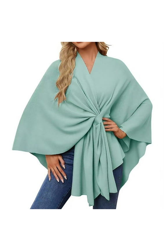 Shawl Wraps for Women Open Front Knitted Poncho Sweater Solid Color Casual Warm Oversized Blanket Cape Scarf for Spring Fall Winter Green
