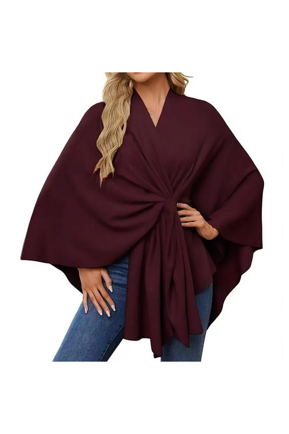 Shawl Wraps for Women Open Front Knitted Poncho Sweater Solid Color Casual Warm Oversized Blanket Cape Scarf for Spring Fall Winter Red