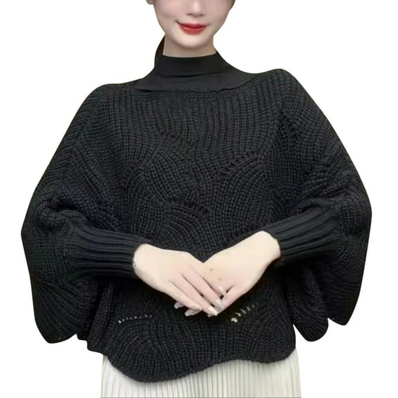 BWASD Shawl Wraps for Women Solid Color Bat Sleeve Knitted Coat Cape Loose Hollow Out Thick Line for Spring Fall Winter Black