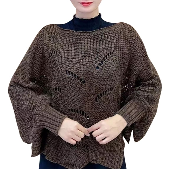 BWASD Shawl Wraps for Women Solid Color Bat Sleeve Knitted Coat Cape Loose Hollow Out Thick Line for Spring Fall Winter Brown