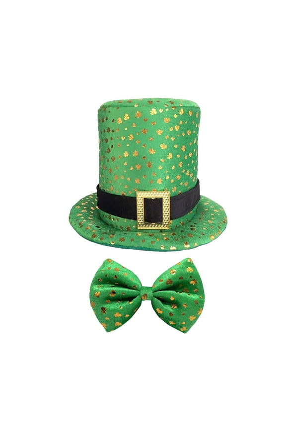 Top Hat and Bow Tie Set for Women Men Clover Printed Wide Brim Hats Shamrock Green Caps St. Patrick's Day Costume Irish Party Accessory Green