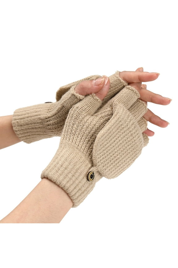 Winter Fingerless Knitted Gloves For Men Women Thick Warm Convertible Mittens with Flip Half Finger for Cold Weather with Elastic Cuff Beige