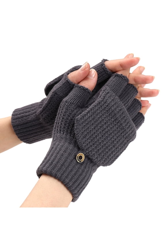 Winter Fingerless Knitted Gloves For Men Women Thick Warm Convertible Mittens with Flip Half Finger for Cold Weather with Elastic Cuff Gray