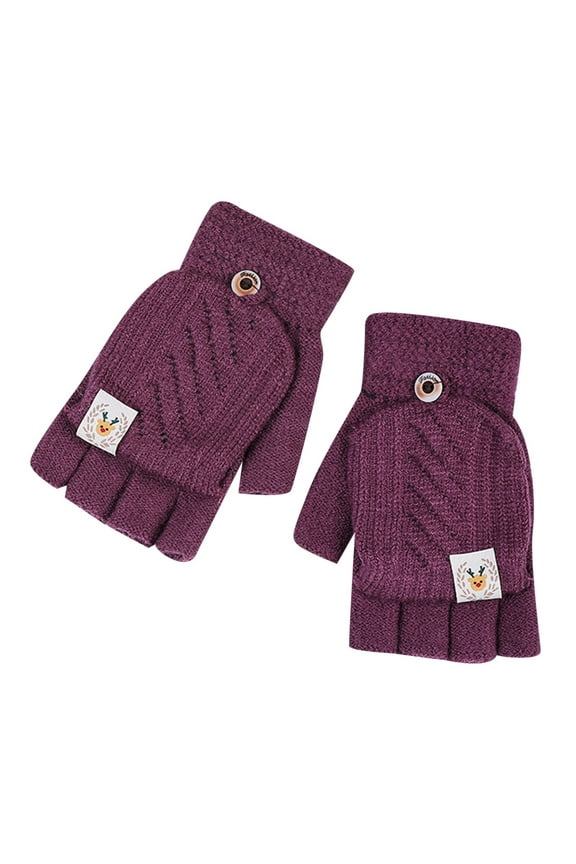 Winter Fingerless Knitted Gloves For Men Women Thick Warm Convertible Mittens with Flip Half Finger for Cold Weather with Elastic Cuff Purple