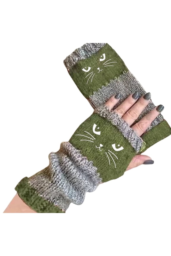 Winter Knitted Gloves For Men Women Cute Cat Embroidery Thick Warm Gloves Half Finger Gloves With Thumb Hole for Cold Weather Fashion Casual Cozy Gift Green