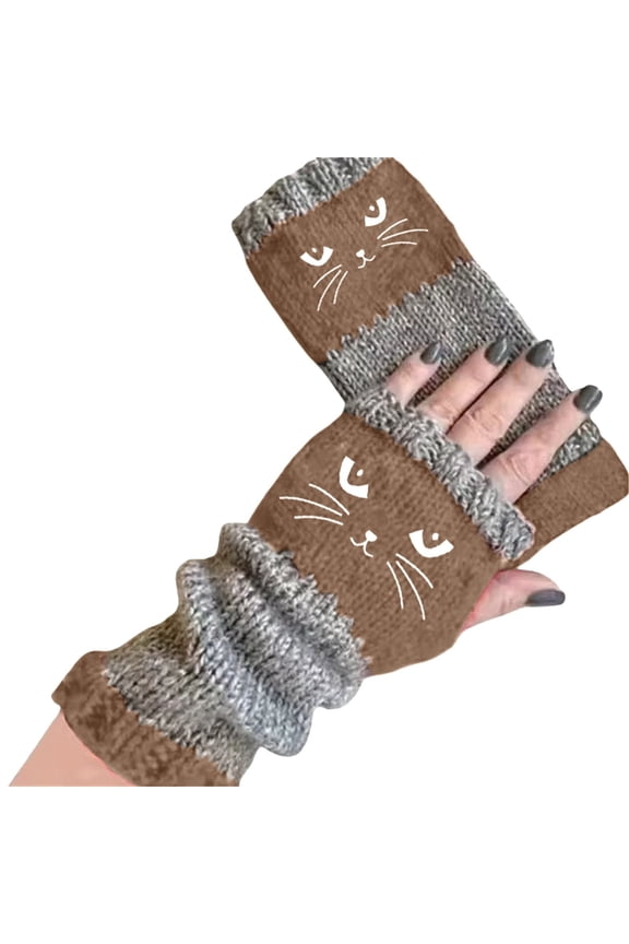 Winter Knitted Gloves For Men Women Cute Cat Embroidery Thick Warm Gloves Half Finger Gloves With Thumb Hole for Cold Weather Fashion Casual Cozy Gift Khaki