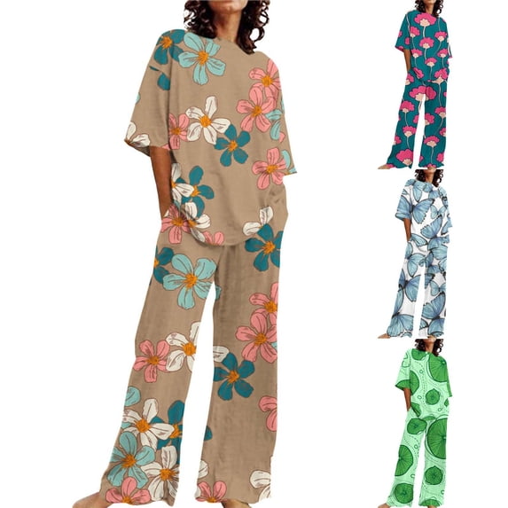 BWASD Women Pajama Sets 2 Piecee Plus Size Breathable Floral Print Shorts Sleeve Top and Pant Summer Soft Sleepwear Fashion Leisure Loungewear Pjs Outfits (Orange 5XL)