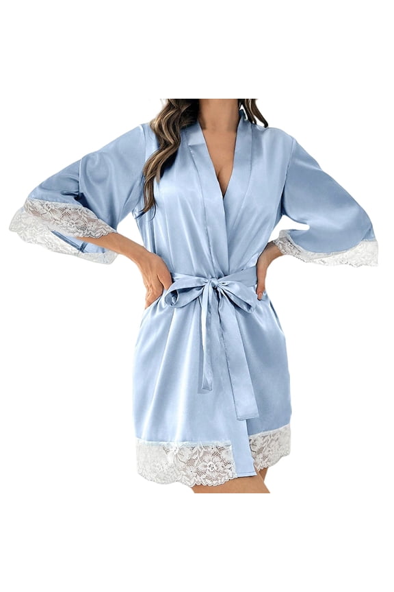 Women Pajama Short Sleeve Satin Silky Lace Bride Kimono Robe Pure Color Casual Comfortable Bathrobe Blue M Nightwear Soft