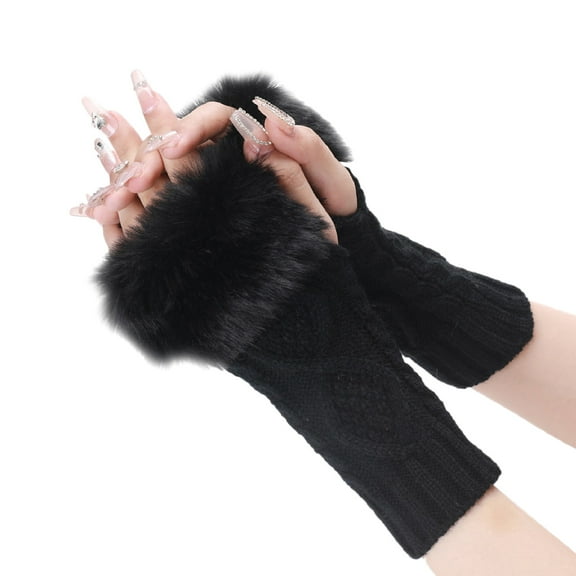BWASD Women's Fingerless Gloves Faux Fur Knitted Arm Warmer Fashion Casual Soft Thick Warm Glove for Cold Weather with Elastic Cuff Black