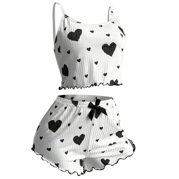 BWASD Women's Pajama Sets 2 Piece Sleeveless Sleepwear Knitted Soft Heart Love Print Bowknot Nightwear Casual Cami Shorts Black L Loungewear Set Cute