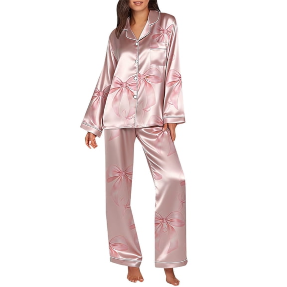BWASD Women's Pajama Sets Cute Heart Bowknot Print Long Sleeve Nightwear Casual Satin Silk Button Down Loungewear Soft Sleepwear Hot Pink L