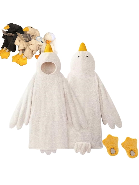 Women's Pajama Sets Oversized Soft Furry Goose Blanket Hoodie Cute Duck Onesie Pajamas with Plush Slippers Sleeping Robe Loungewear Home Wear (White M)