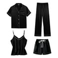 thumbnail image 1 of BWASD Women's Pajama Sets Silk Satin 4 Piece Short Sleeve Button Down Sleepwear Soft Solid Color Nightwear Casual Shirt Cami and Pant Black L Loungewear Set, 1 of 4