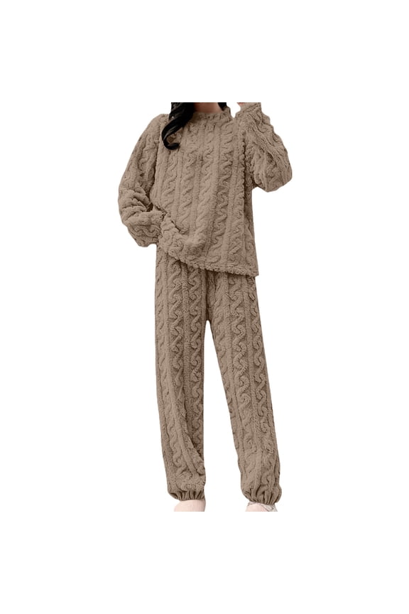Womens 2 Piece Outfits Sweatsuit Sets Crewneck Knit Track Suits Warm Cozy Plush Solid Color Lounge Hoodie Loose Comfy Soft Ladies Loungewear Khaki L