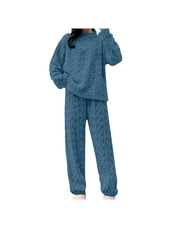 Womens 2 Piece Outfits Sweatsuit Sets Crewneck Knit Track Suits Warm Cozy Plush Solid Color Lounge Hoodie Loose Comfy Soft Ladies Loungewear Sky Blue L