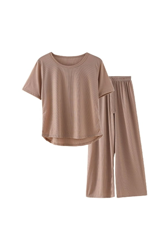 Womens 2PC Outfits Pajama Sets Short Sleeve Top and Pants Casual Lightweight Loose Solid Color Lounge Comfy Soft Ladies Loungewear Spring Summer Khaki XL