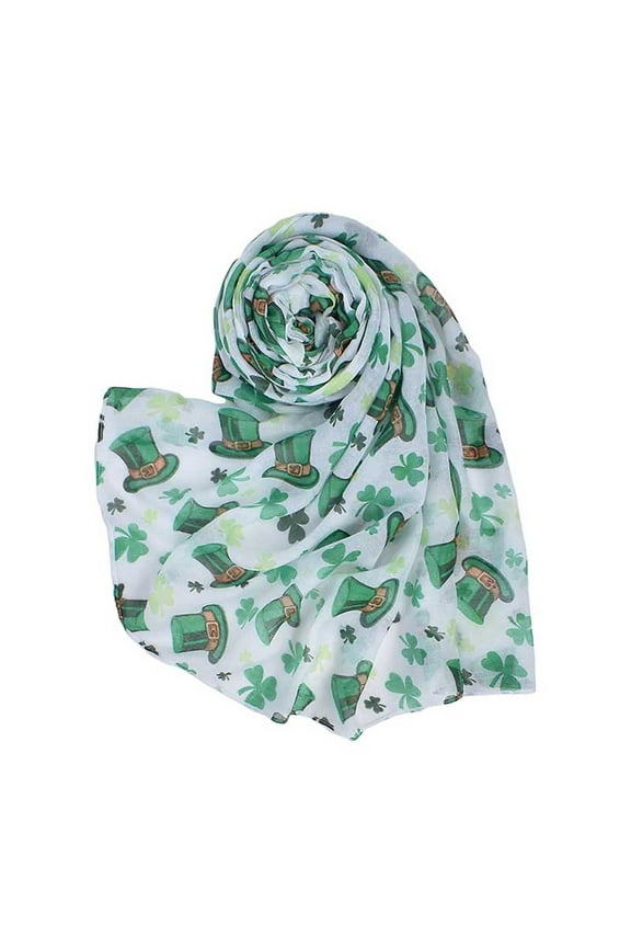 Womens Chiffon Scarf Lightweight Fashion Print Shawl Shamrock Pattern Colorful Long Soft Wrap St. Patrick's Day Costume Gift Spring White