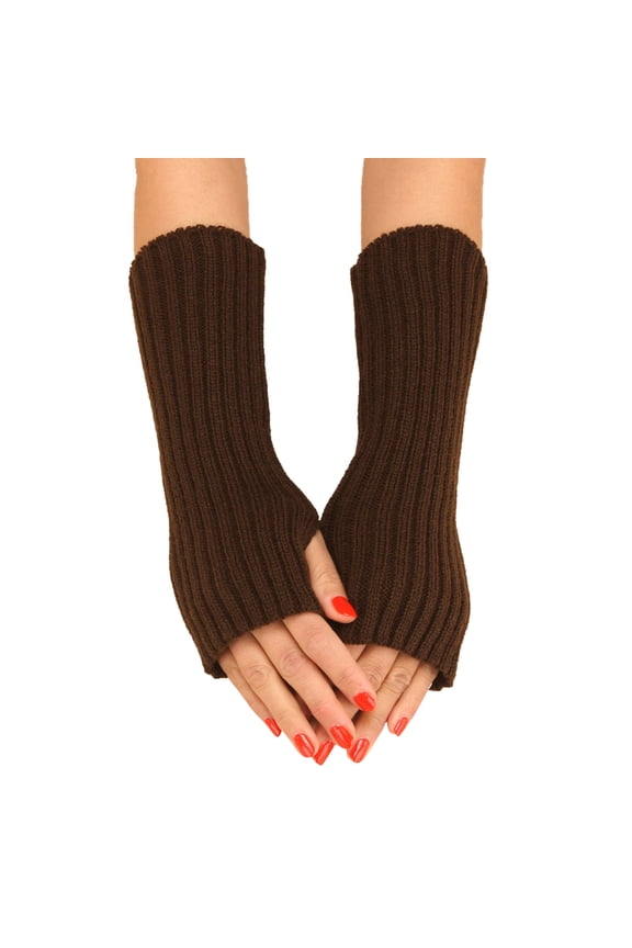 Womens Fingerless Knitted Gloves Simple Solid Color Half Finger Wrist Arm Warmers With Thumb Hole Thick Warm for Autumn And Winter Brown