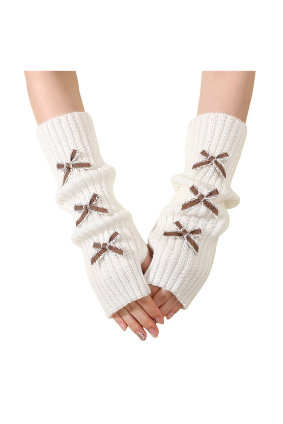 Womens Fingerless Knitted Gloves Y2K Cute Bowkno Thick Warm Soft Half Finger Thumb Hole Wrist Arm Warmers for Fashion Casual Cozy Gift Brown