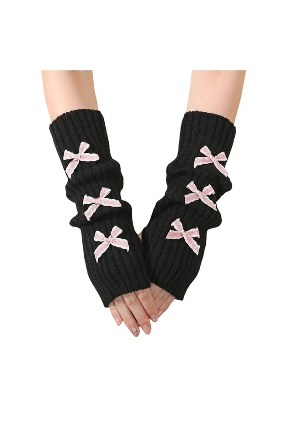 Womens Fingerless Knitted Gloves Y2K Cute Bowkno Thick Warm Soft Half Finger Thumb Hole Wrist Arm Warmers for Fashion Casual Cozy Gift Pink
