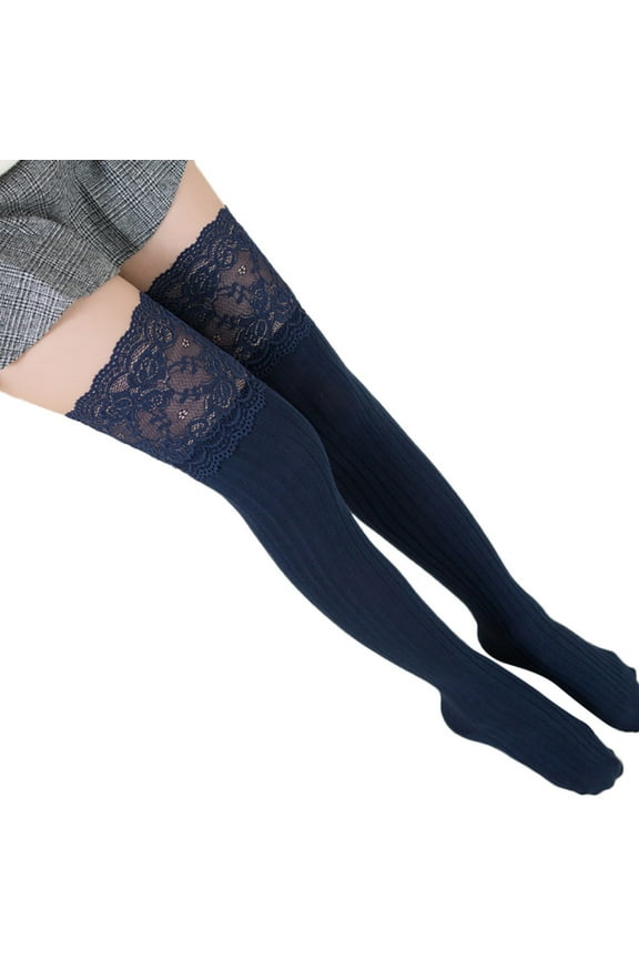 Womens Knee High Socks Satin Cotton Long Over the Knee Leggings Thigh Lace Trim Pantyhose Buauty Sheer Tight Hosiery Blue