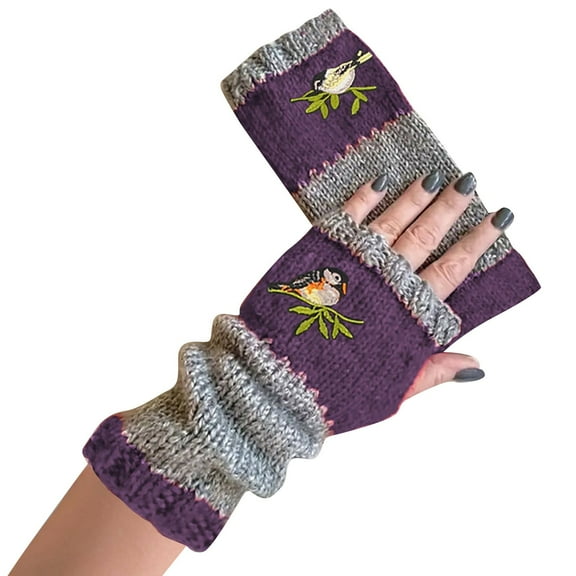 BWASD Womens Knitted Gloves Winter Patchwork Bird Embroidered Thick Warm Soft Casual Cozy Half Finger Mittens for Women and Fashion Purple
