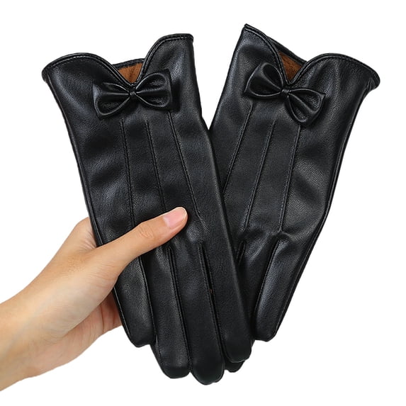 BWASD Womens Leather Gloves Winter Bowknot Fleece Lined Lambskin Mittens Touchscreen Texting Thick Thermal Warm Fashion Snow Driving Glove Black
