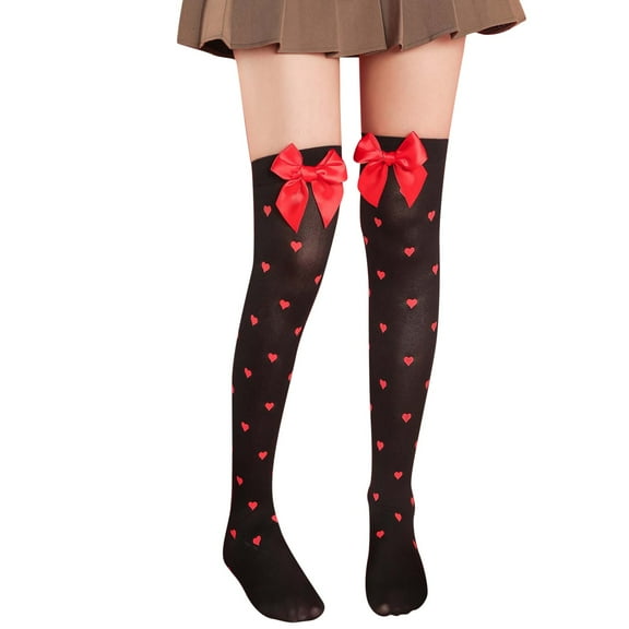 BWASD Womens Long Socks Breathable Thigh High Knee Sock Love Red Satin Bowknots Heart Lips Pattern for Valentine's Day Gifts Fashion Black