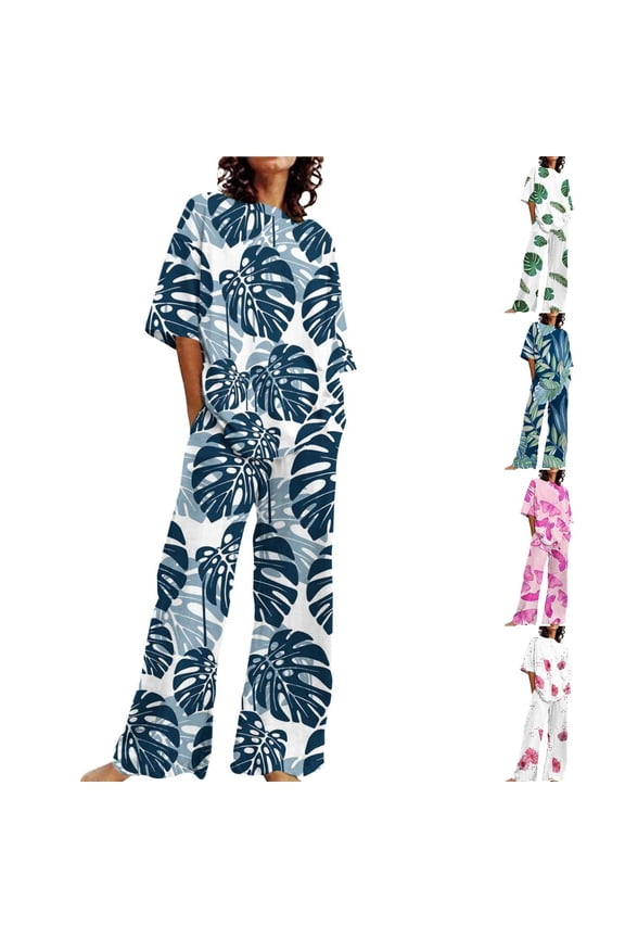 Womens Pajama Set 2PC Plus Size Floral Print Shorts Sleeve Top and Pant Pjs Outfits Oversized Breathable Soft Sleepwear Summer Fashion Leisure (Navy M)