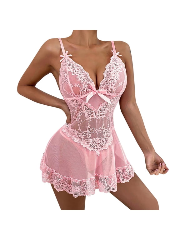 Womens Pajamas Ruffle Sheer Mesh Harness Bodysuit Skirt Cute Babydoll Sleepwear Dress Babydoll Pajamas Pink XL Valentine's Day Goft