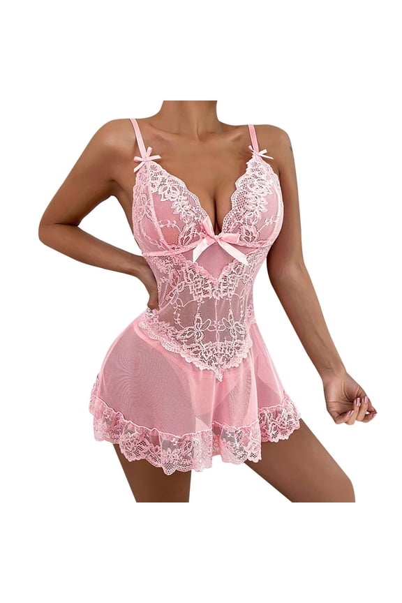 Womens Pajamas Ruffle Sheer Mesh Harness Bodysuit Skirt Cute Babydoll Sleepwear Dress Babydoll Pajamas Pink XL Valentine's Day Goft
