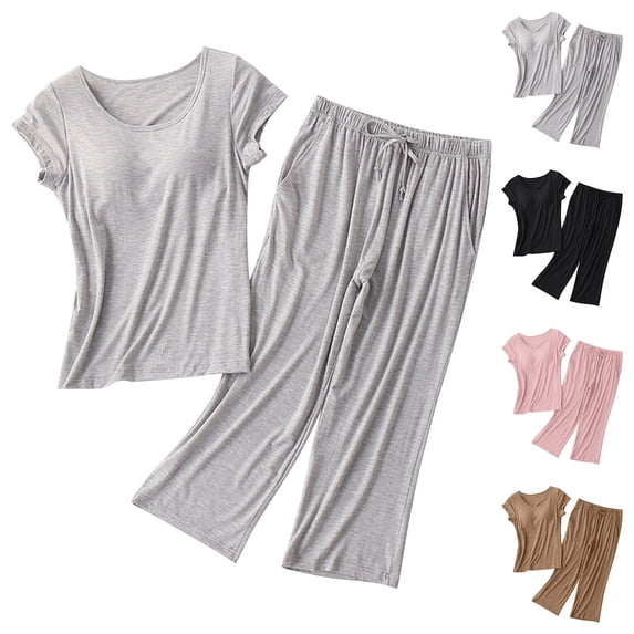 BWASD Womens Pajamas Set 2 Pack Summer Casual Loose Larg Modal Padded Short Sleeve Shorts Pjs Set with Pocket Breathable Home Wear Daily (Coffee M)