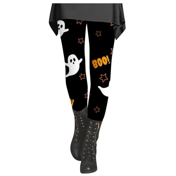 BWASD Womens Pants Cute Boo Ghost Halloween Leggings High Waist Slim Fit Soft Breathable Workout Tights Trick or Treat Festive Holiday Party | L Size