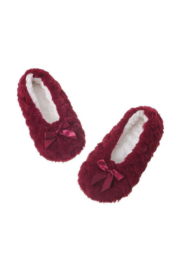 Womens Plush Slippers Socks Furry Comfy Warm Sleep Sock Cute Bow Non-Slip Sherpa Lined Winter House Bedroom Slippers Red