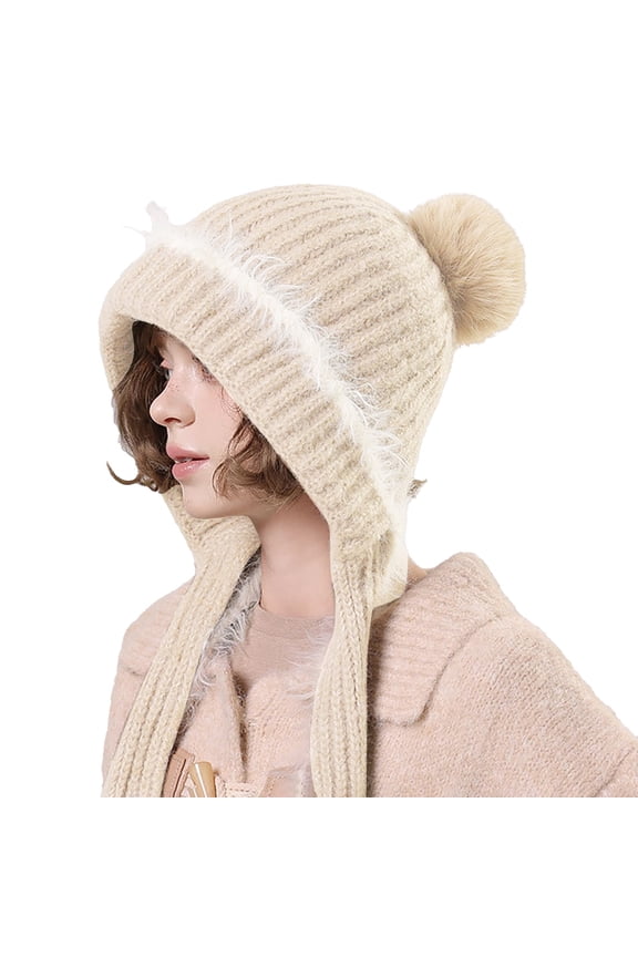 Womens Winter Beanie Hat Fur Pom Pom Beanies Hat Skull Cap Beige Winter Warm Knit Hats