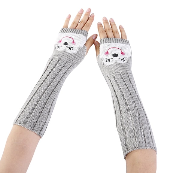 BWASD Womens Winter Fingerless Knitted Gloves Cute Embroidery Splicing Half Finger Arm Warmers With Thumb Hole Thick Warm for Cold Weather Grey