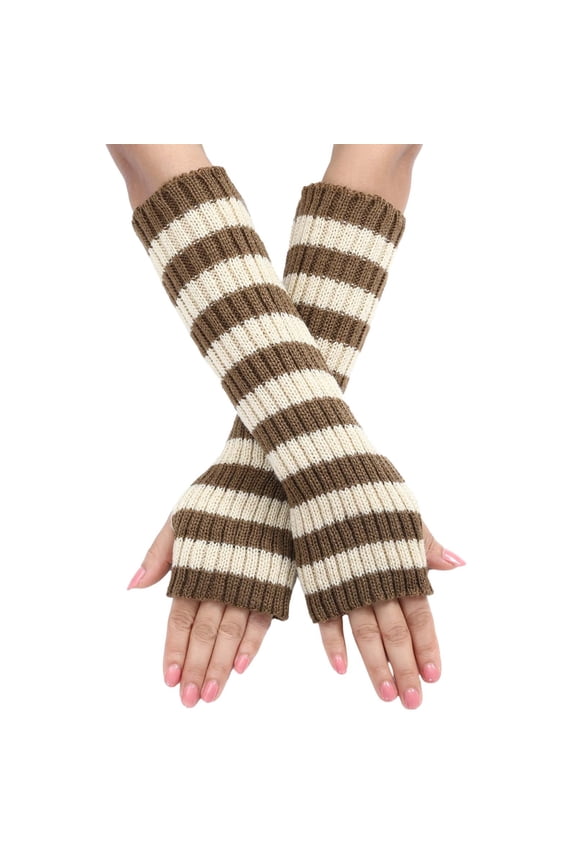 Womens Winter Fingerless Knitted Gloves Fashionable Color Blocked Pinstripe Half Finger Arm Warmers With Thumb Hole Thick Warm for Cold Weather Khaki