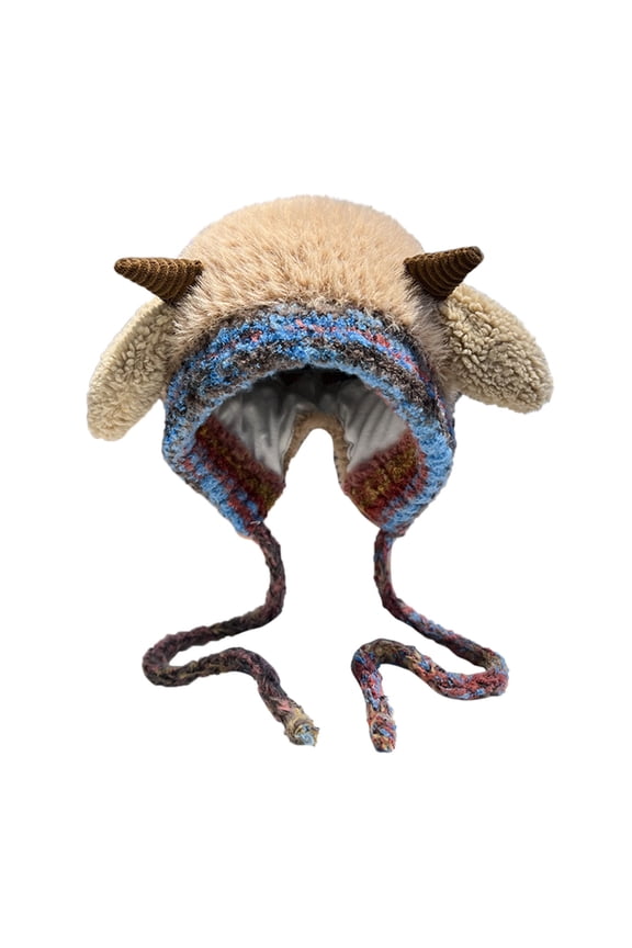 Womens Winter Knit Hat Fuzzy Knitted Sheep Cute Horn Design Warm Beanie Fleece Lined Ear Khaki Flap Crochet Cap