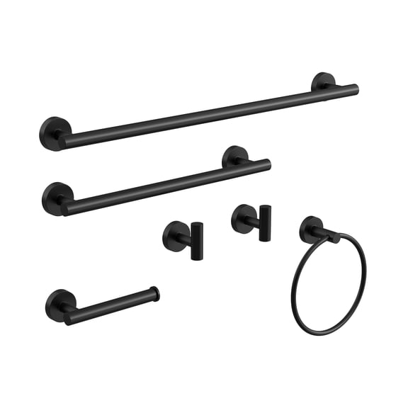 BWE 6-Pcs Matte Black Bathroom Hardware Set, 24 Inch Wall Mount Towel Bar Set, Towel Ring, Toilet Paper Holder & Robe Hooks, Modern Stainless Steel Bath Accessory Kit