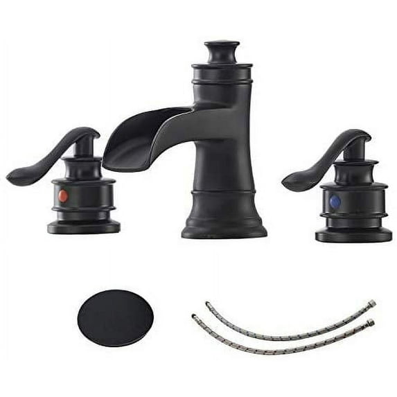 BWE 8 Inch Widespread Bathroom Faucet Matte Black with Pop Up Drain and Supply Hose Lead-Free Two-Handle 3 Holes Waterfall Bathroom Sink Faucet Lavatory Mixer Tap