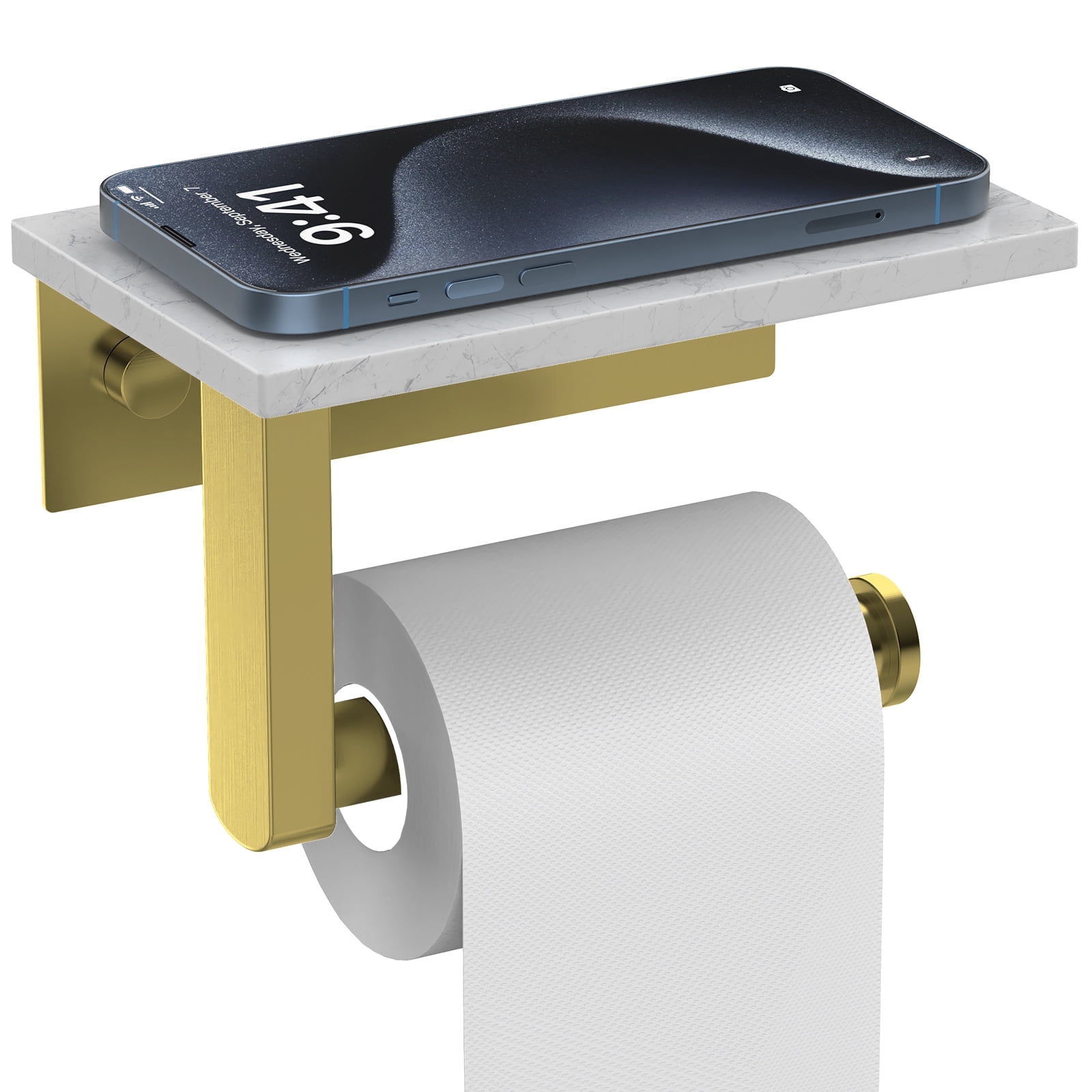 BWE A-91043-BG Wall Mount Toilet Paper Holder With Natural Marble Shelf Tissue Storage Holder In Brushed Gold