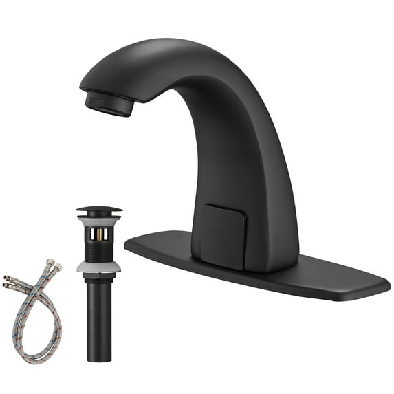 BWE Automatic Sensor Touchless Bathroom Sink Faucet with Hole Cover Plate, Matte Black Vanity Faucets, Hands Free Bathroom Water Tap with Control Box and Temperature Mixer