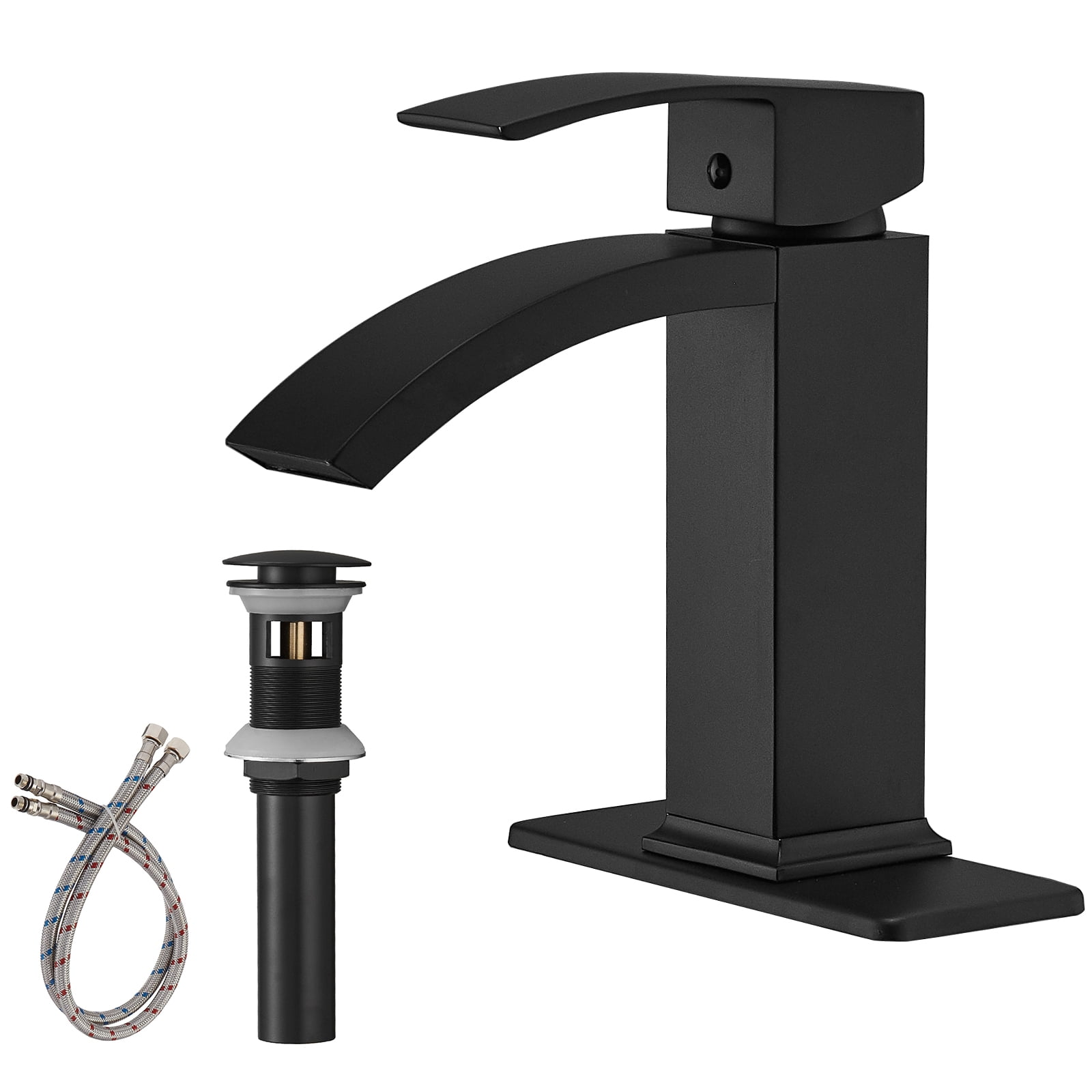 Matte Black Single-Handle Waterfall Bathroom Faucet with Pop-Up Drain