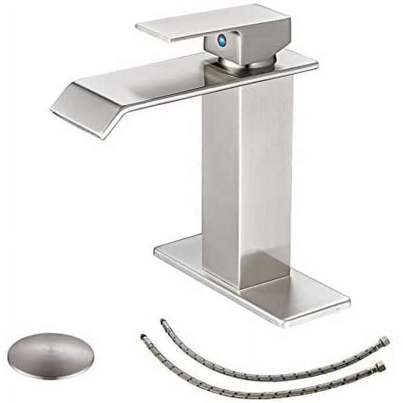 BWE Bathroom Faucet Brushed Nickel Modern Waterfall with Pop Up Drain for Sink 1 Single Hole Bathroom Sink Faucet Parts Spout Bath Lavatory Vanity Stopper Overflow and Supply Hose Single Handle Square